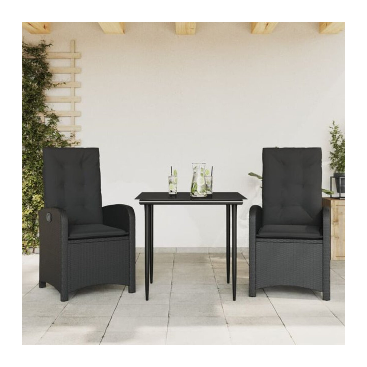 3-teilige moderne Garten-Essgruppe aus schwarzem Poly-Rattan mit Glasplatte und Kissen von vidaxl - Bild 1