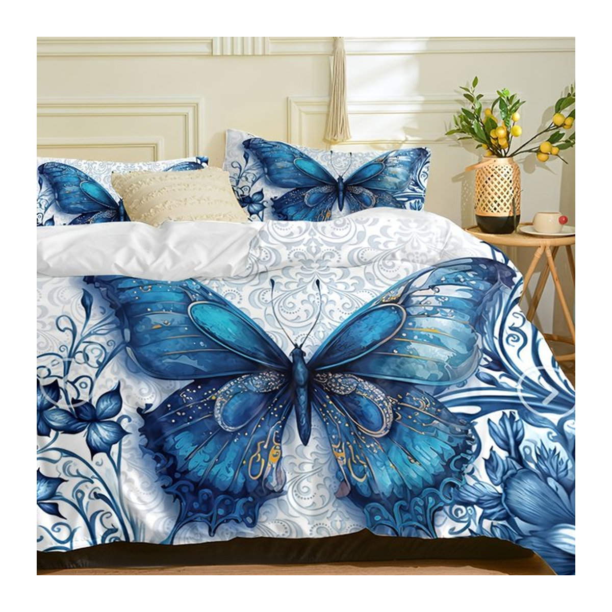 3-teiliges Bettbezug-Set mit Fantasy-Schmetterlings-Elf und blauen Blumen in Blau - Bild 1