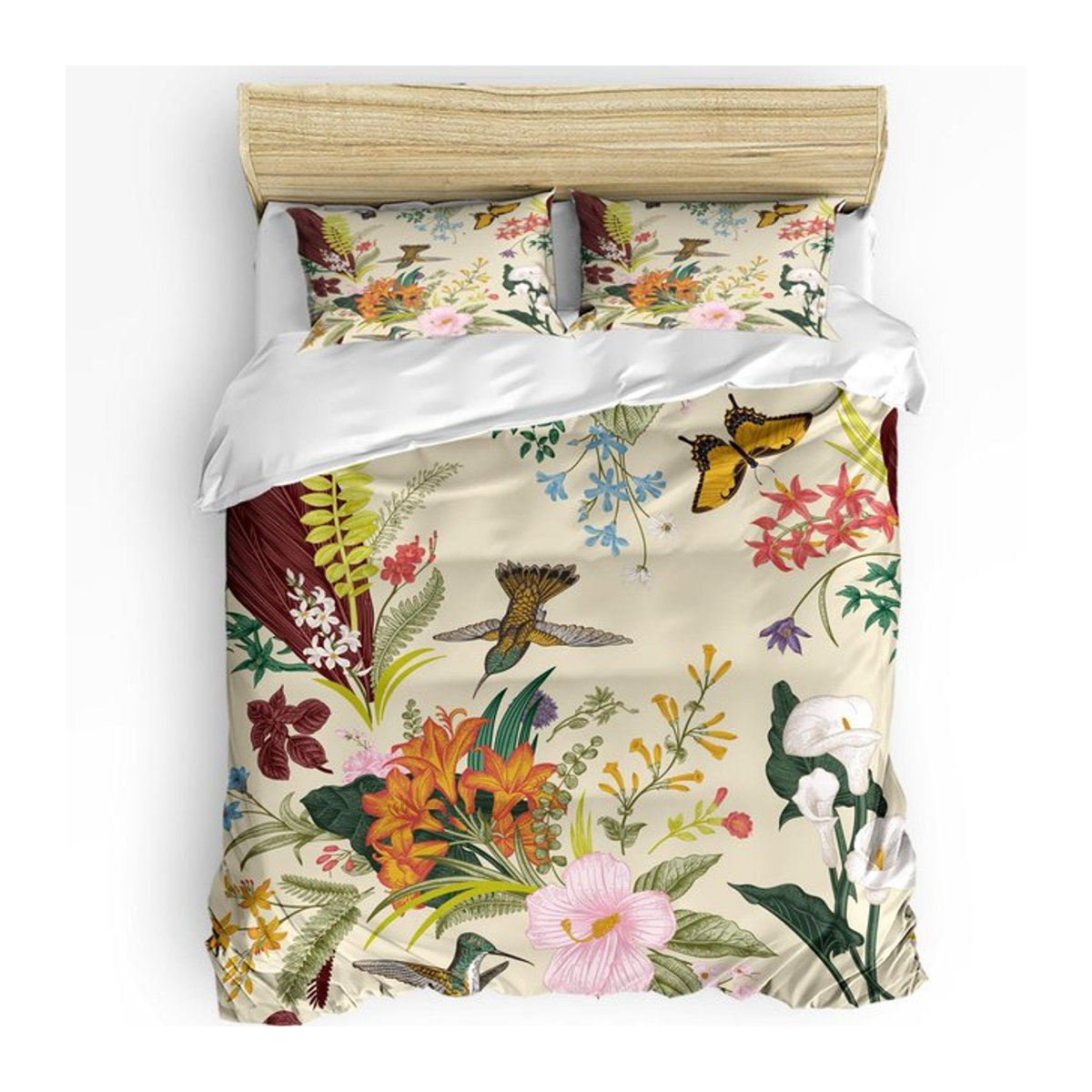 3-teiliges Bettwäscheset Lodestar mit Blumen, Vögeln und Schmetterlingen im Retro-Stil, Farbe: Beige, B/H: 240 x 220 cm - Bild 1