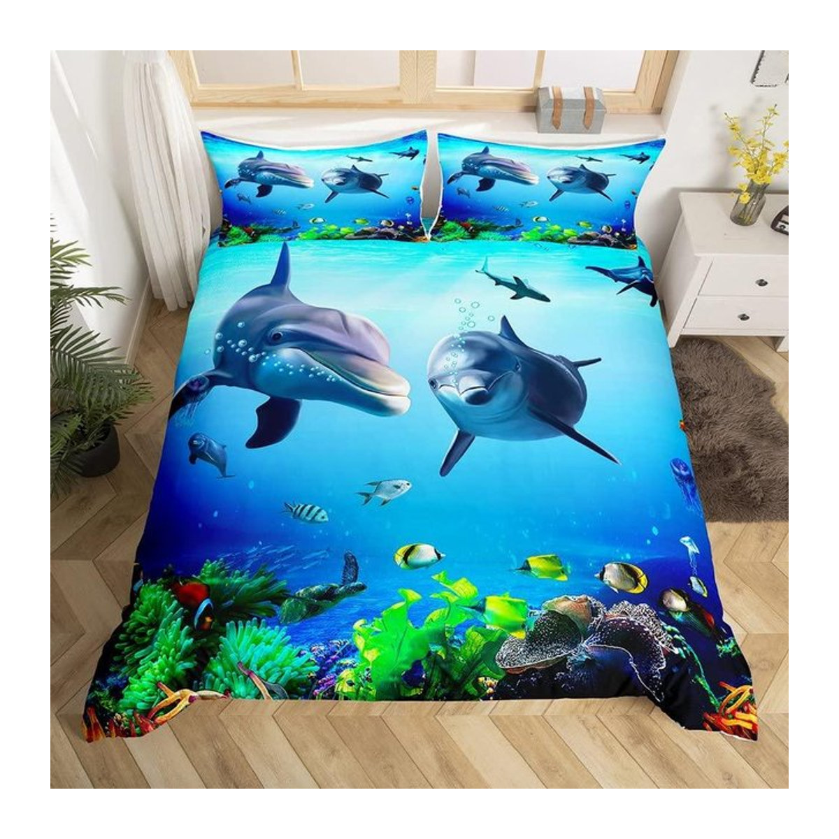 3-teiliges Bettwäscheset mit Delfin-Motiv in Blau für Kinder und Teenager, US King, B: 264 cm x L: 228 cm - Bild 1