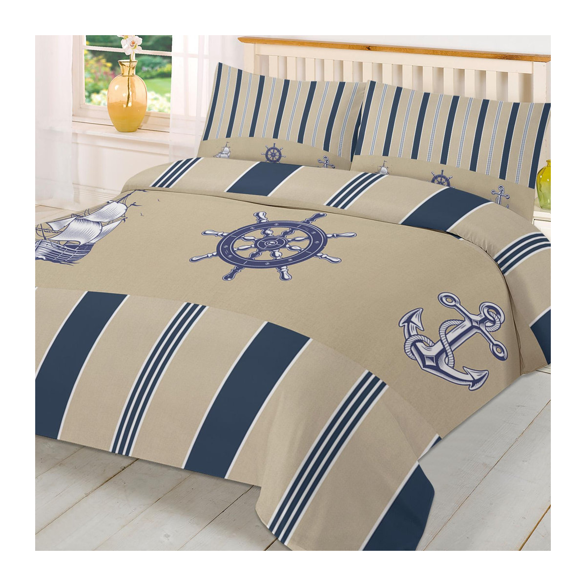 3-teiliges Bettwäscheset mit Schiffsruder und Anker Motiv in Beige, Bettbezug und Kissenbezug für Single-Betten, B/H: 140 x 210 cm - Bild 1