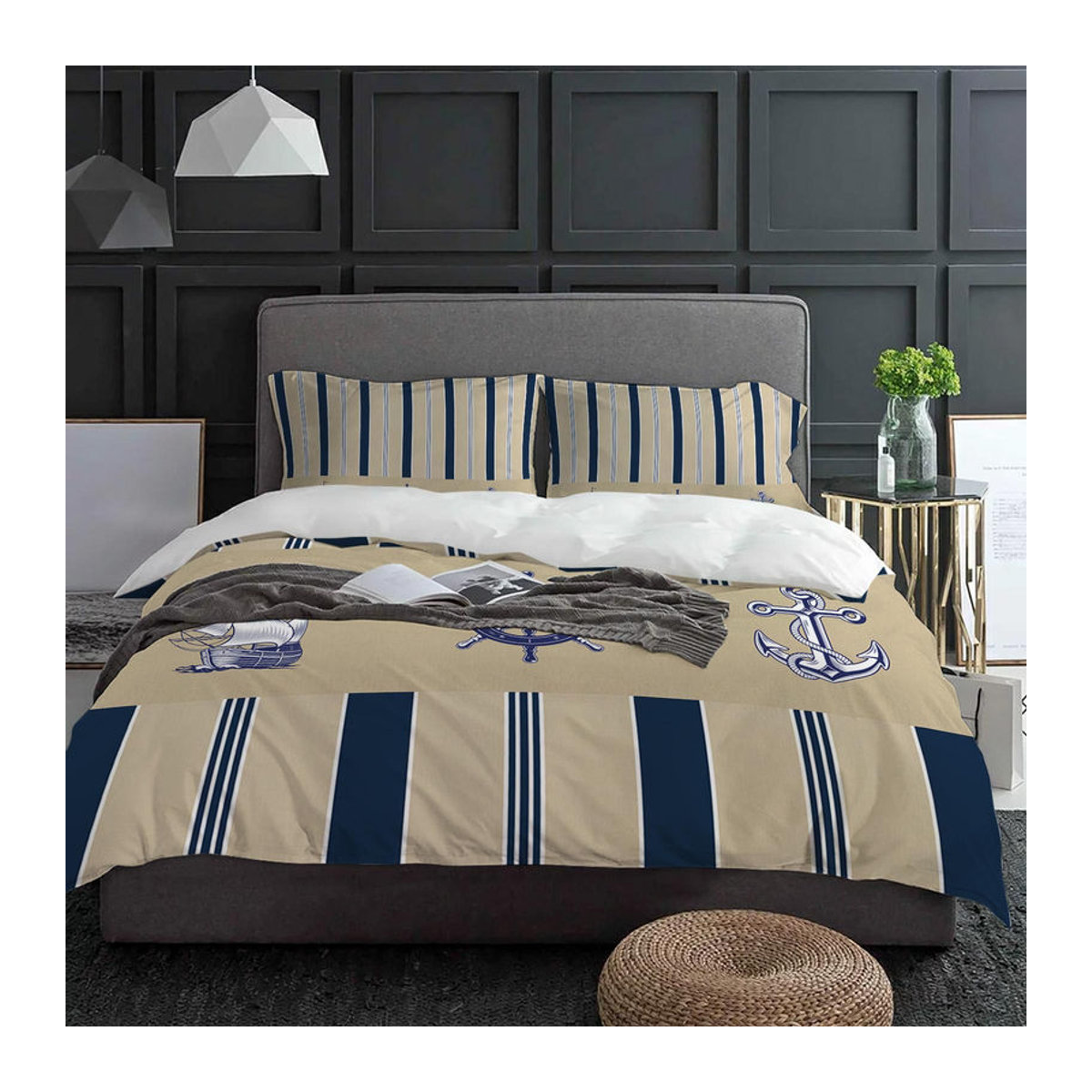 3-teiliges Bettwäscheset mit Schiffsruder und Anker Motiv in Beige, Bettbezug und Kissenbezug für Single-Betten, B/H: 140 x 210 cm - Bild 2
