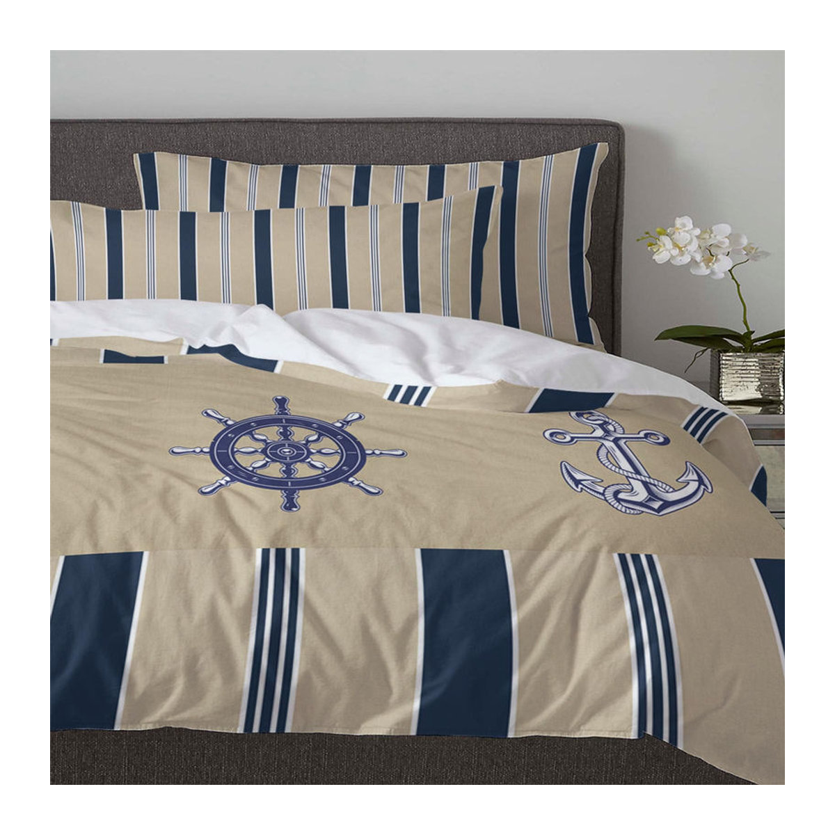 3-teiliges Bettwäscheset mit Schiffsruder und Anker Motiv in Beige, Bettbezug und Kissenbezug für Single-Betten, B/H: 140 x 210 cm - Bild 3