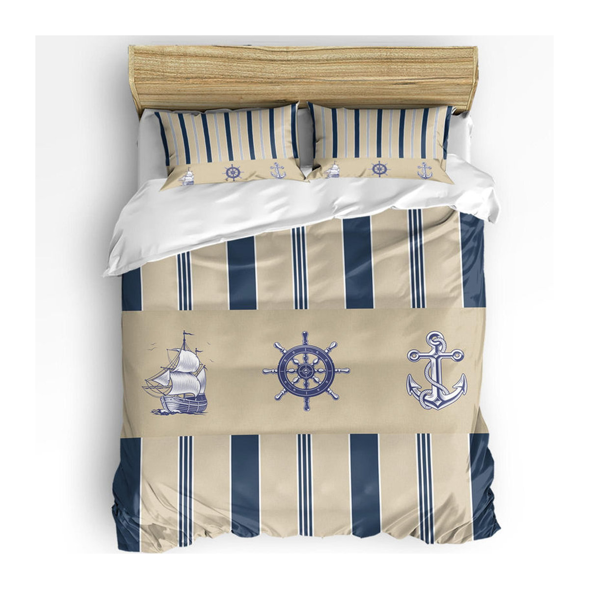 3-teiliges Bettwäscheset mit Schiffsruder und Anker Motiv in Beige, Bettbezug und Kissenbezug für Single-Betten, B/H: 140 x 210 cm - Bild 4