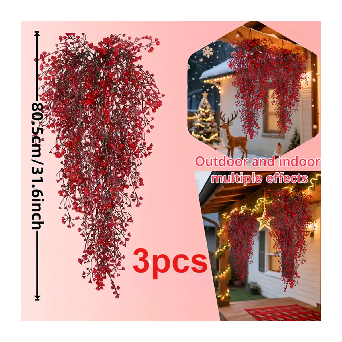 3-teiliges DUTRIEUX Weihnachts-Girlanden-Set mit roten Beeren und Blättern, UV-beständige künstliche Beerenrebe zum Aufhängen für Innen und Außen, Farben: Rot und Gelb - Bild 1
