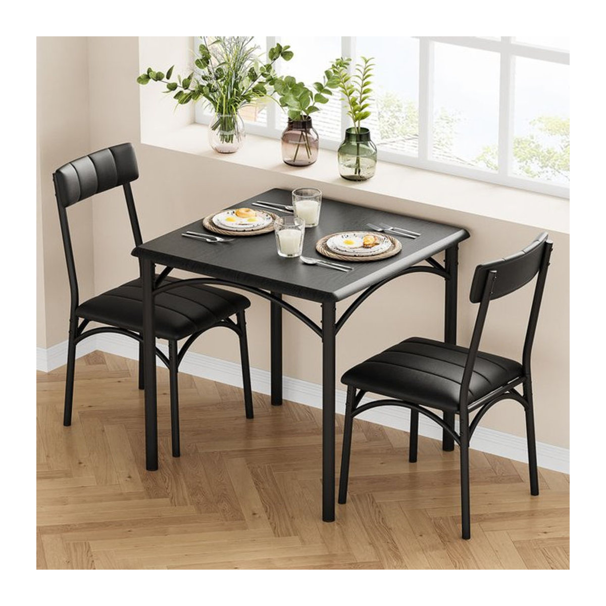3-teiliges Esstisch-Set TWISTER.CK in Schwarz mit gepolsterten Stühlen aus Kunstleder und Metallrahmen sowie MDF-Tischplatte im modernen Design - Bild 1