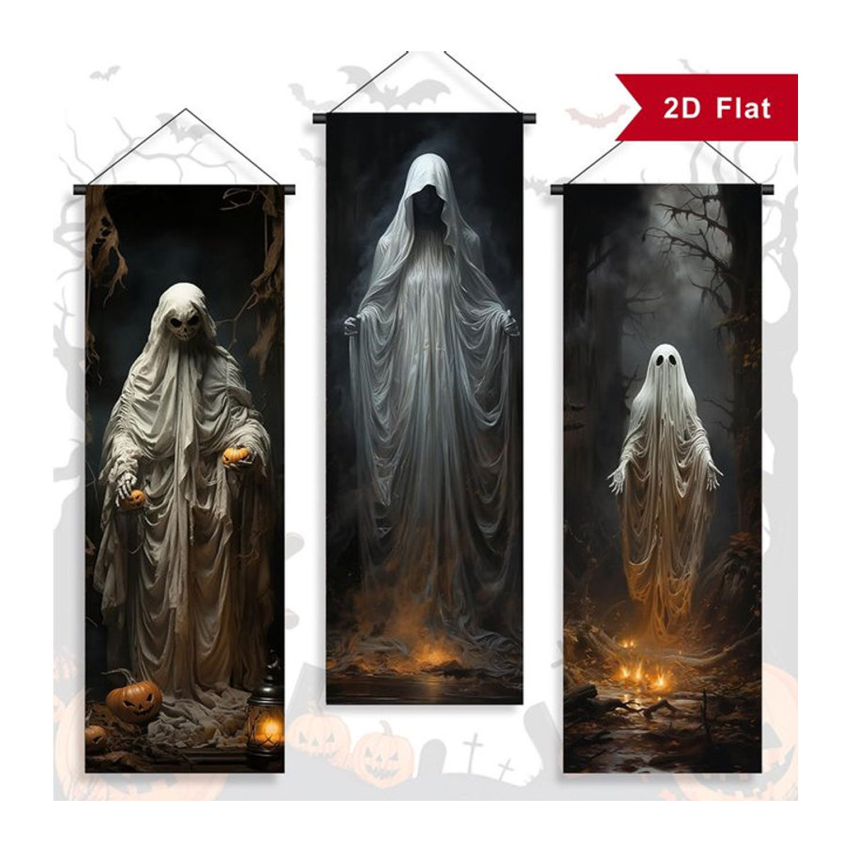 3-teiliges Halloween-Dekorationsset mit Skelett und Geisterhaus, mehrfarbige Horror-Banner für drinnen und draußen, Wandbehang in Hochformat - Bild 1
