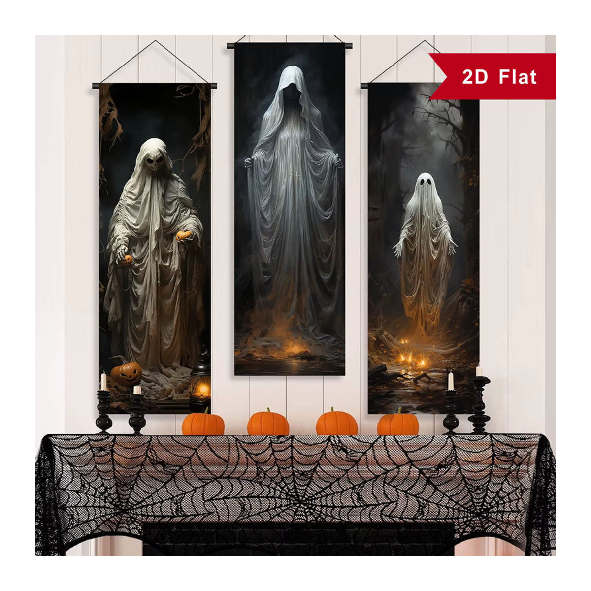 3-teiliges Halloween-Dekorationsset mit Skelett und Geisterhaus, mehrfarbige Horror-Banner für drinnen und draußen, Wandbehang in Hochformat - Bild 3