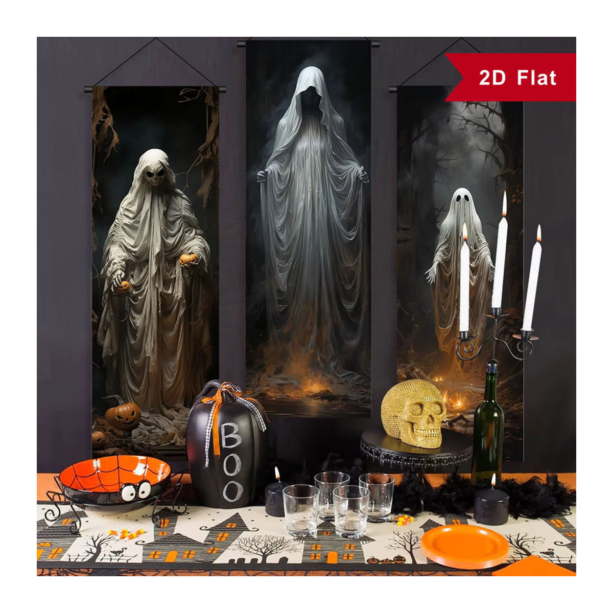3-teiliges Halloween-Dekorationsset mit Skelett und Geisterhaus, mehrfarbige Horror-Banner für drinnen und draußen, Wandbehang in Hochformat - Bild 5