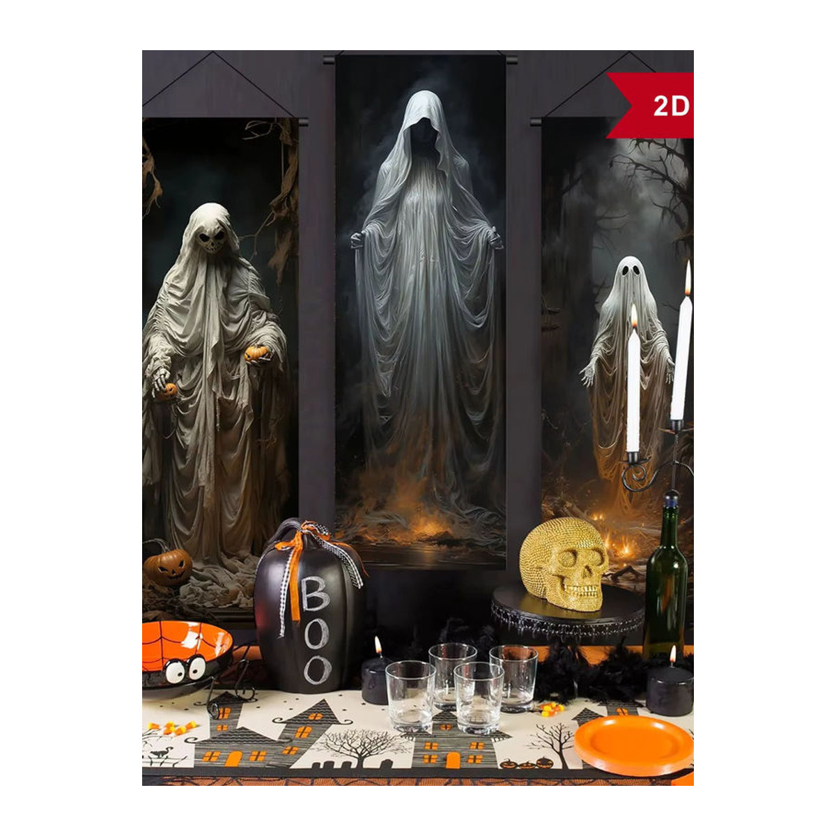 3-teiliges Halloween-Dekorationsset mit Skelett und Geisterhaus, mehrfarbige Horror-Banner für drinnen und draußen, Wandbehang in Hochformat - Bild 6