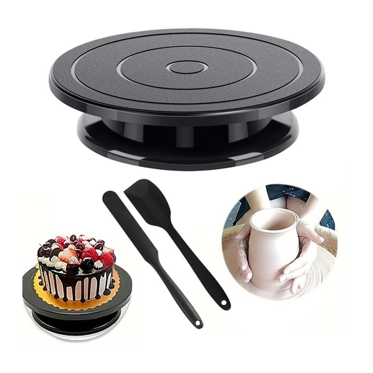 3-teiliges Kuchen-Plattenspieler-Set in Schwarz, drehbare Kuchenständer aus Kunststoff, Durchmesser: 27,9 cm - Bild 1