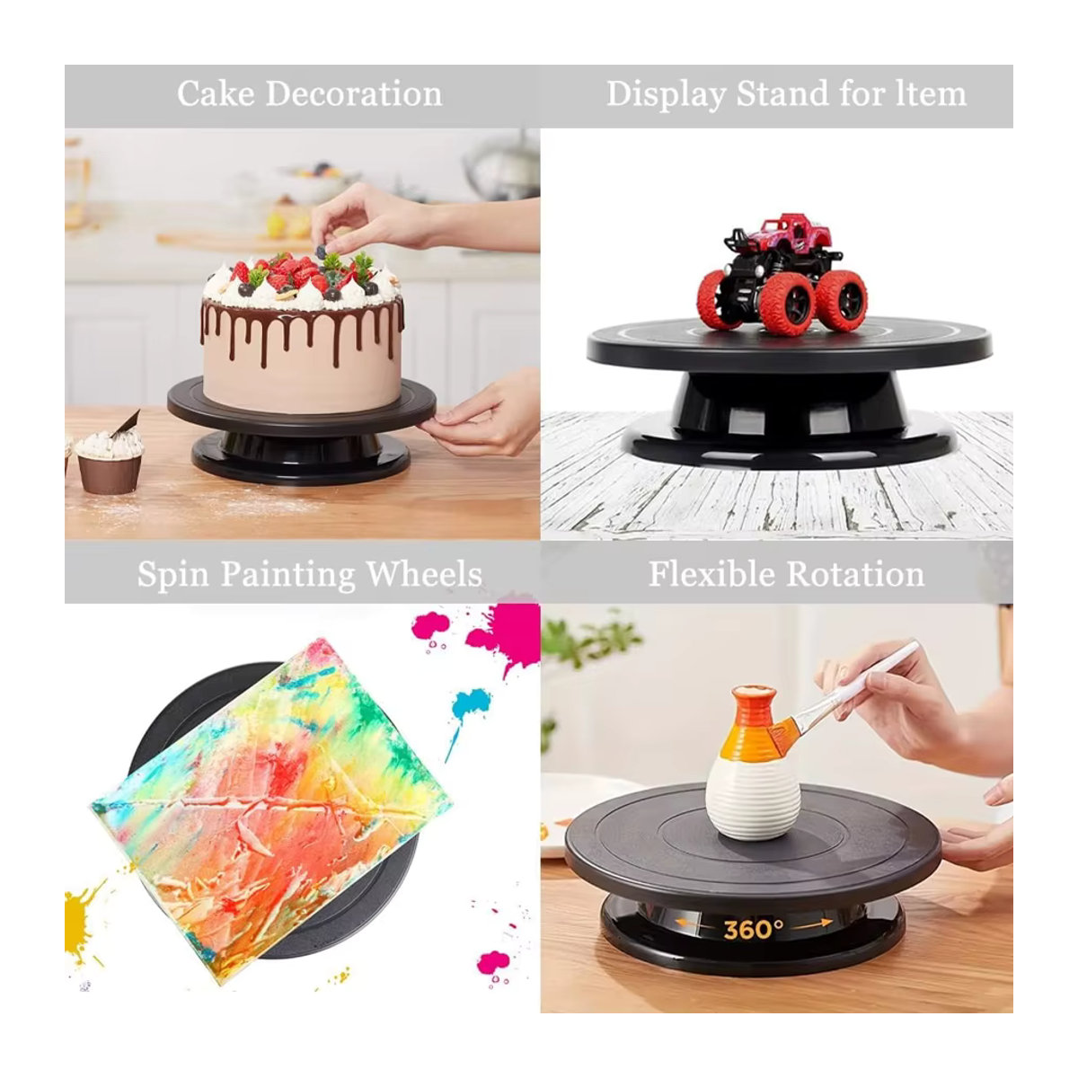 3-teiliges Kuchen-Plattenspieler-Set in Schwarz, drehbare Kuchenständer aus Kunststoff, Durchmesser: 27,9 cm - Bild 3