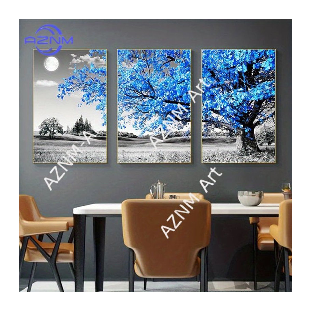 3-teiliges Leinwandposter AZNM mit blauem Baum in grauer Landschaft, skandinavische Wandkunst im Hochformat, rahmenlos - Bild 1