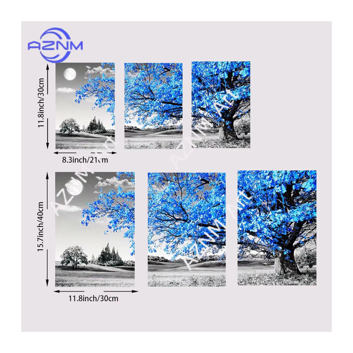 3-teiliges Leinwandposter AZNM mit blauem Baum in grauer Landschaft, skandinavische Wandkunst im Hochformat, rahmenlos - Bild 3