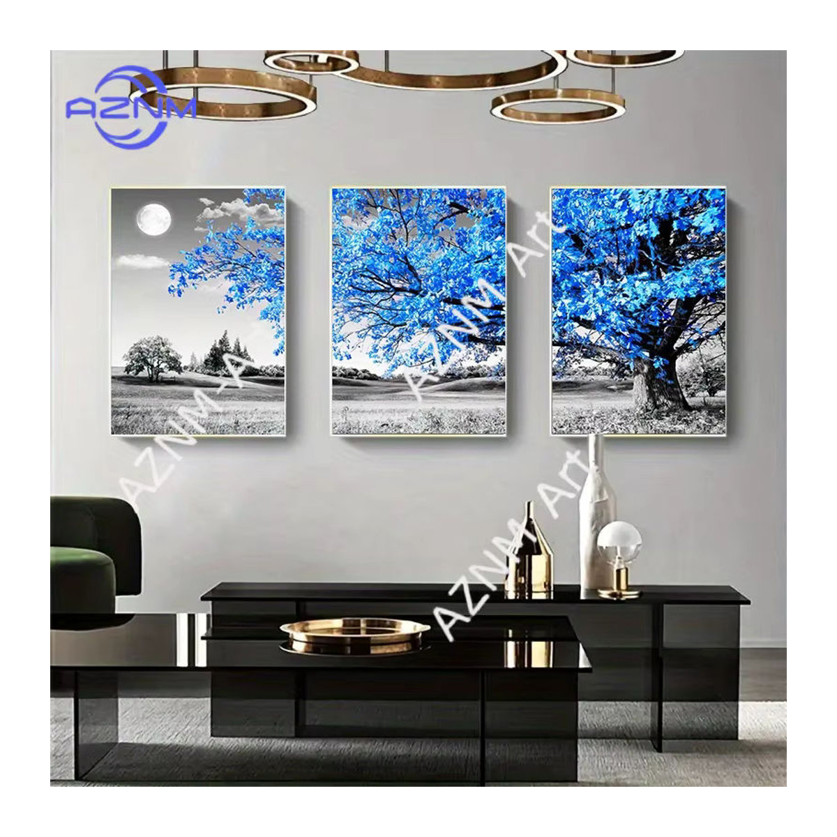 3-teiliges Leinwandposter AZNM mit blauem Baum in grauer Landschaft, skandinavische Wandkunst im Hochformat, rahmenlos - Bild 4