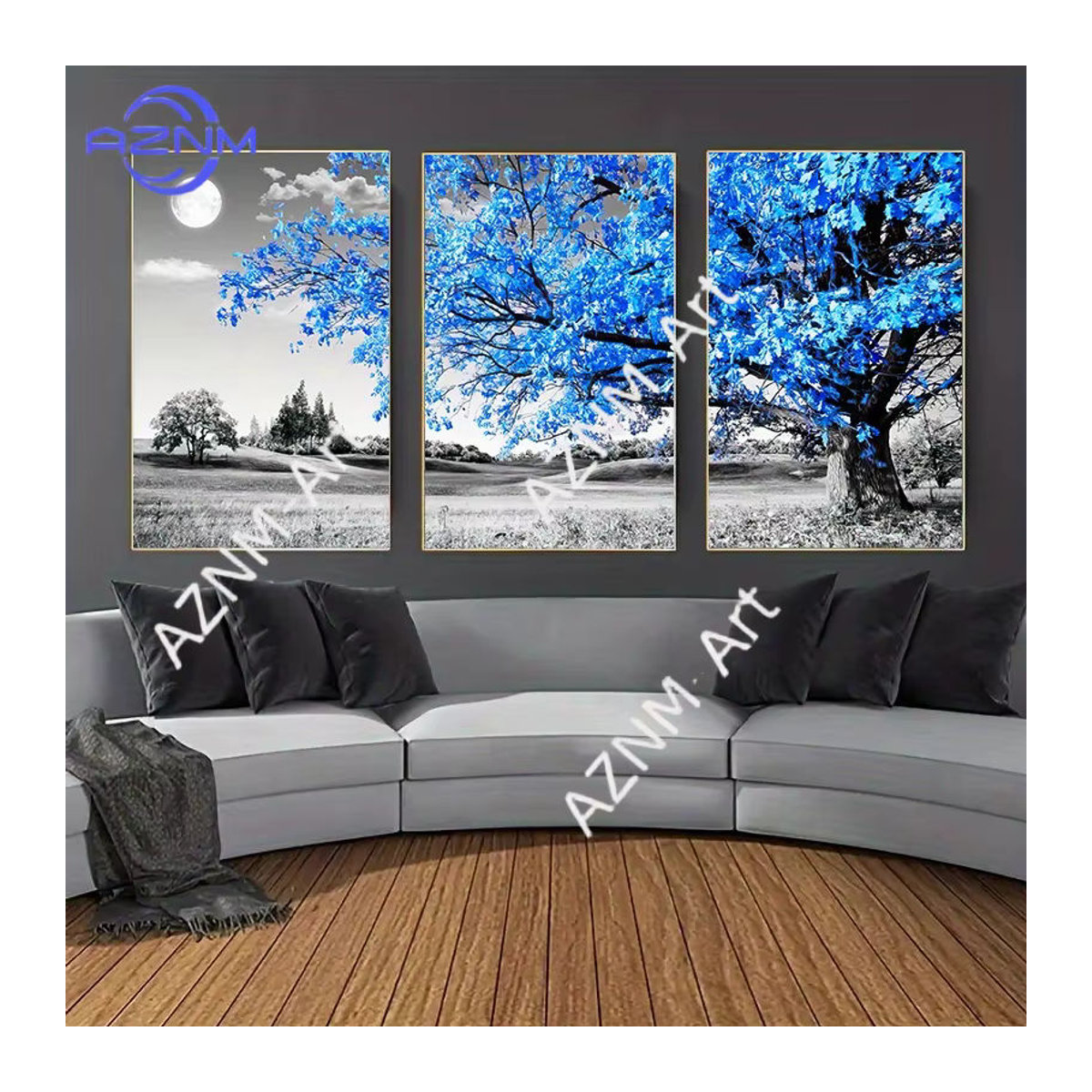 3-teiliges Leinwandposter AZNM mit blauem Baum in grauer Landschaft, skandinavische Wandkunst im Hochformat, rahmenlos - Bild 5