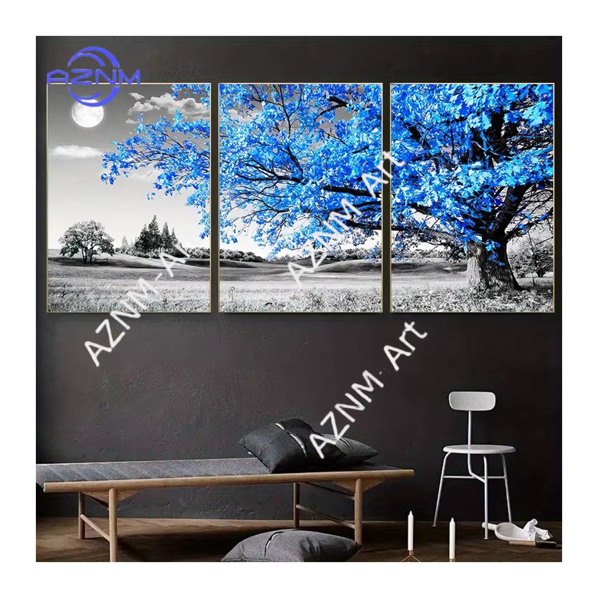 3-teiliges Leinwandposter AZNM mit blauem Baum in grauer Landschaft, skandinavische Wandkunst im Hochformat, rahmenlos - Bild 6