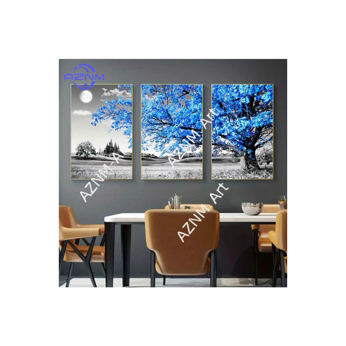 3-teiliges Leinwandposter AZNM mit blauem Baum in grauer Landschaft, skandinavische Wandkunst im Hochformat, rahmenlos - Bild 7