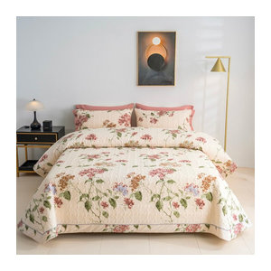 3-teiliges Quilt Set aus 100% Baumwolle mit Blumenmuster und 2 Kissenbezügen, reversible Tagesdecke