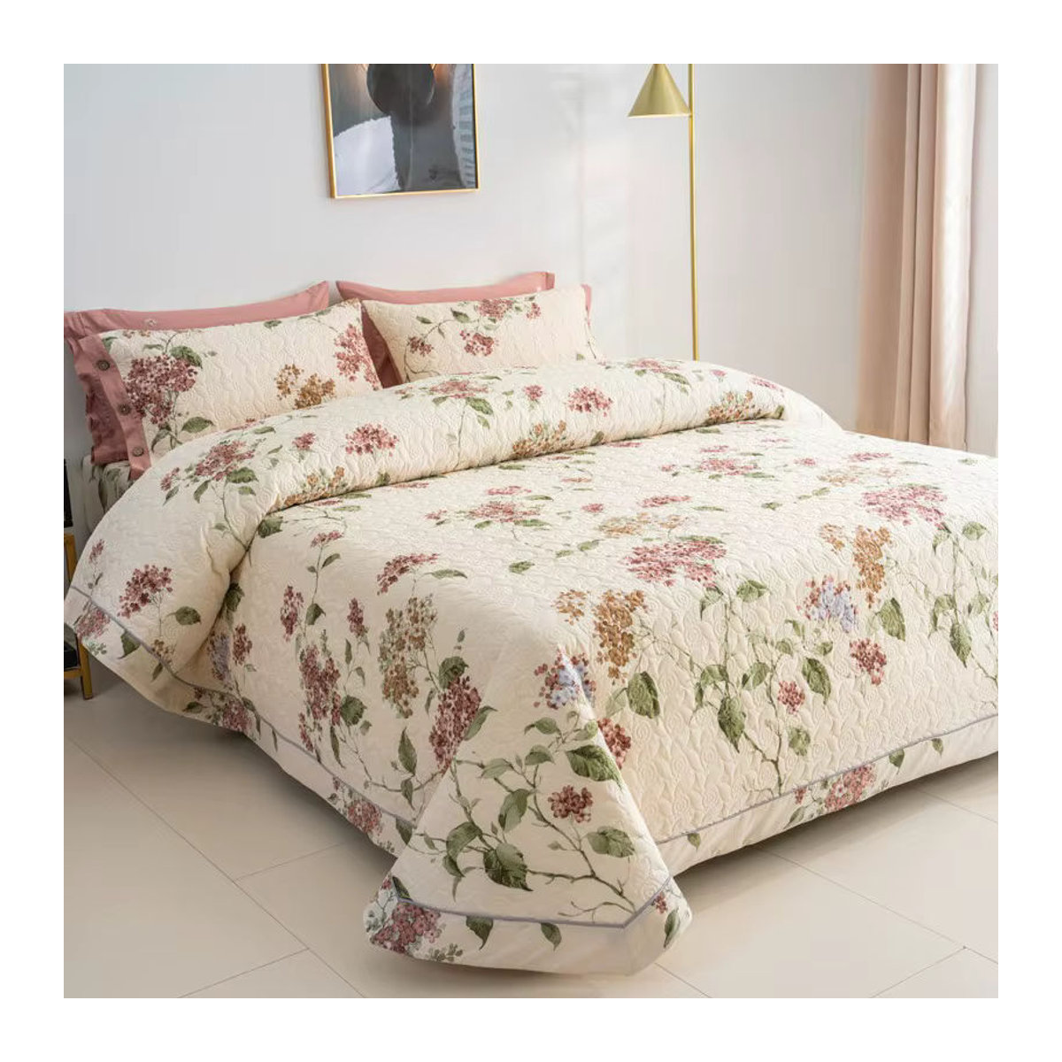 3-teiliges Quilt Set aus 100% Baumwolle mit Blumenmuster und 2 Kissenbezügen, reversible Tagesdecke - Bild 3