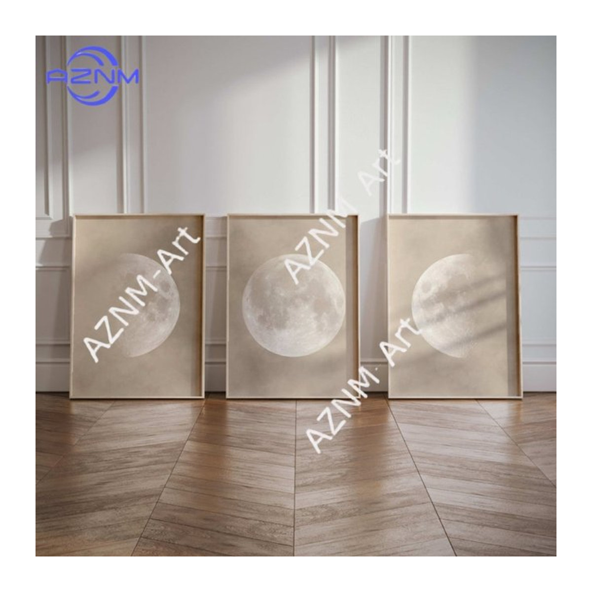 3-teiliges rahmenloses Wandkunst-Set von AZNM mit Mond-Motiv in Beige und Weiß für dein Schlafzimmer - Bild 1