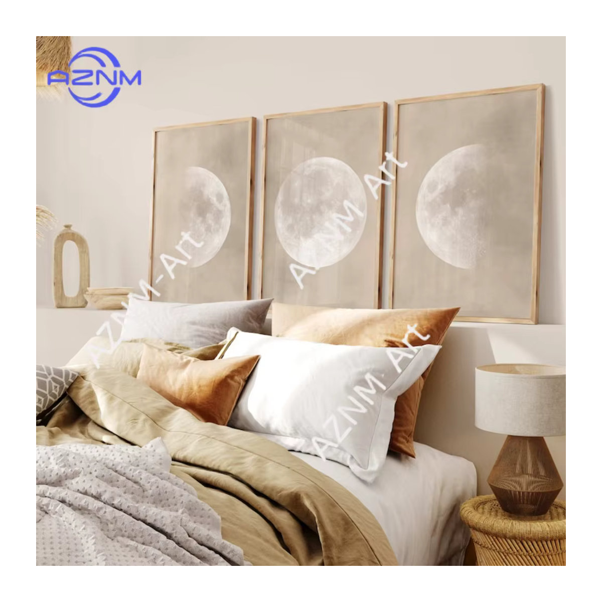 3-teiliges rahmenloses Wandkunst-Set von AZNM mit Mond-Motiv in Beige und Weiß für dein Schlafzimmer - Bild 2