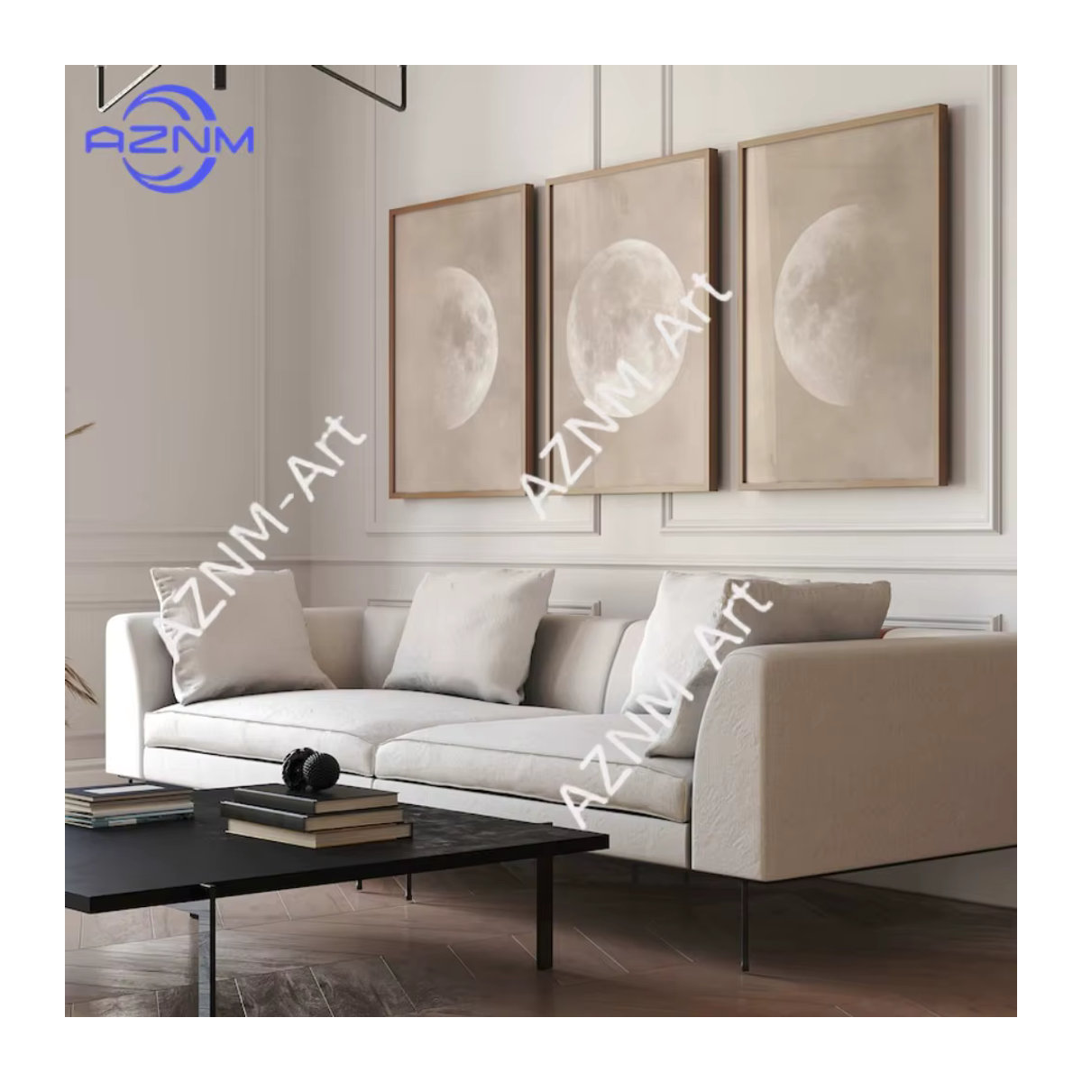 3-teiliges rahmenloses Wandkunst-Set von AZNM mit Mond-Motiv in Beige und Weiß für dein Schlafzimmer - Bild 3