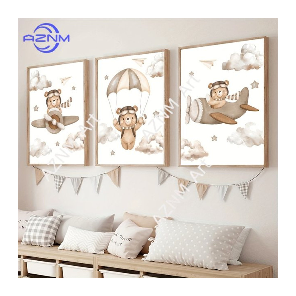 3-teiliges Set AZNM Leinwandposter mit Cartoon-Tiermotiv Bär und Wolken in Weiß für Kinderzimmer und Schlafzimmer - Bild 1