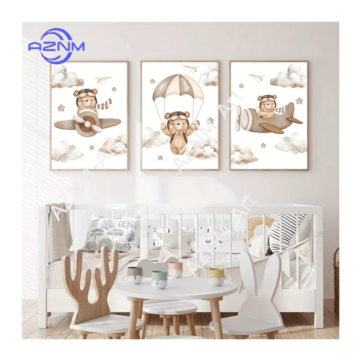 3-teiliges Set AZNM Leinwandposter mit Cartoon-Tiermotiv Bär und Wolken in Weiß für Kinderzimmer und Schlafzimmer - Bild 2