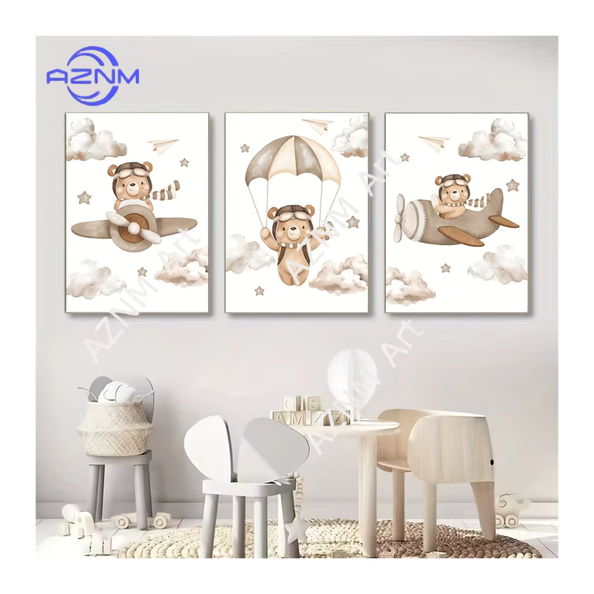 3-teiliges Set AZNM Leinwandposter mit Cartoon-Tiermotiv Bär und Wolken in Weiß für Kinderzimmer und Schlafzimmer - Bild 3