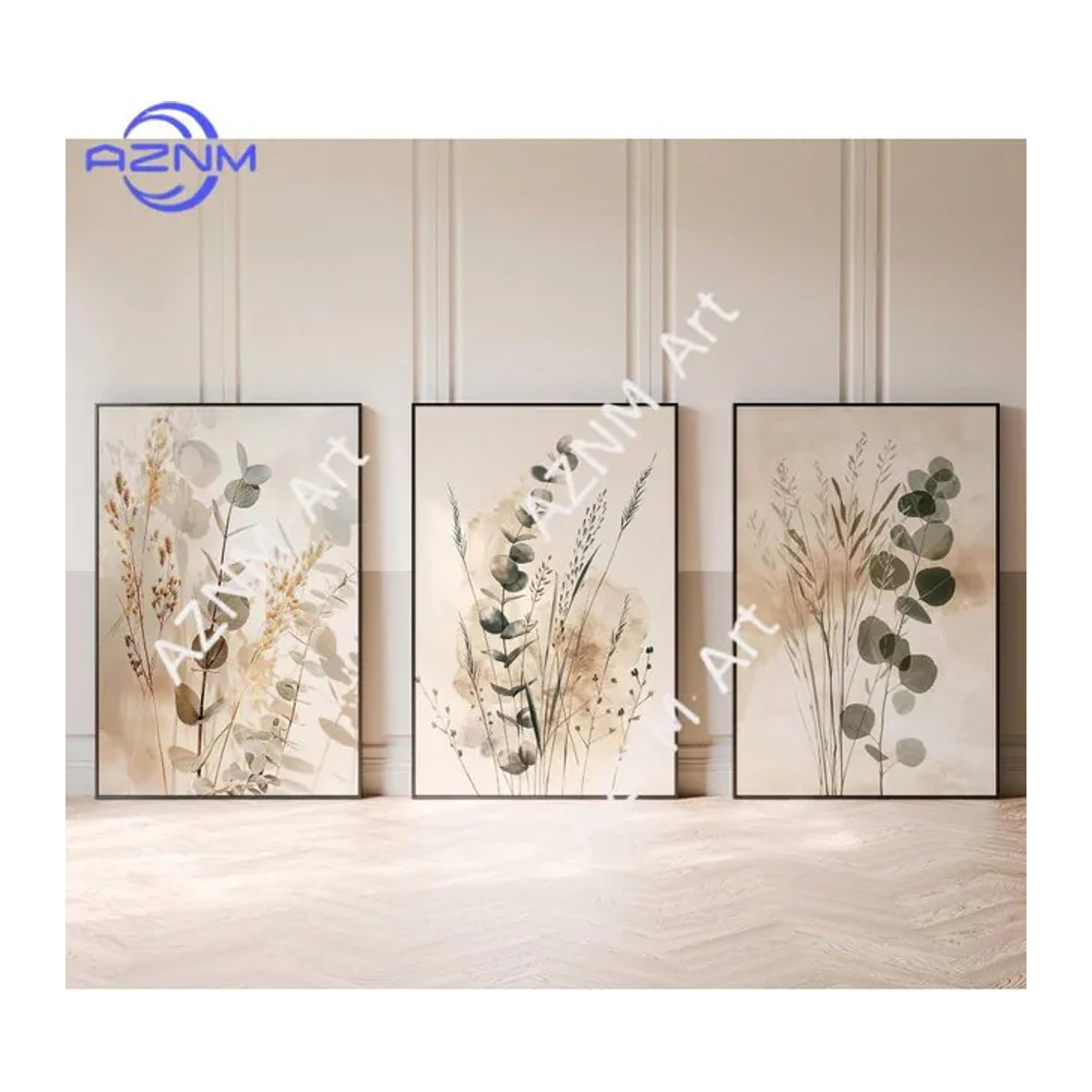 3-teiliges Set botanische Wandkunst AZNM Eukalyptus-Triptychon in Beige im skandinavischen Design mit Holzrahmen - Bild 1