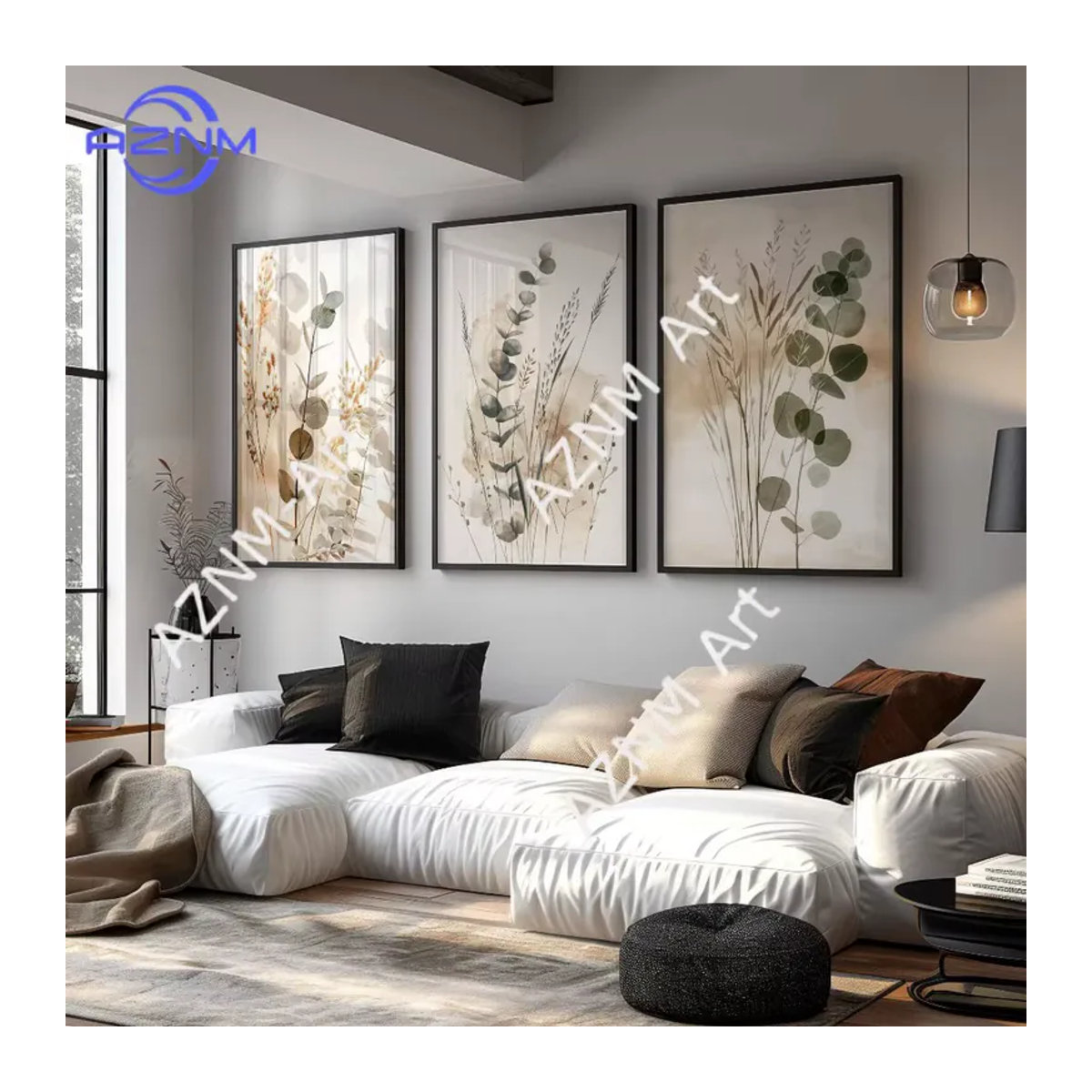 3-teiliges Set botanische Wandkunst AZNM Eukalyptus-Triptychon in Beige im skandinavischen Design mit Holzrahmen - Bild 2