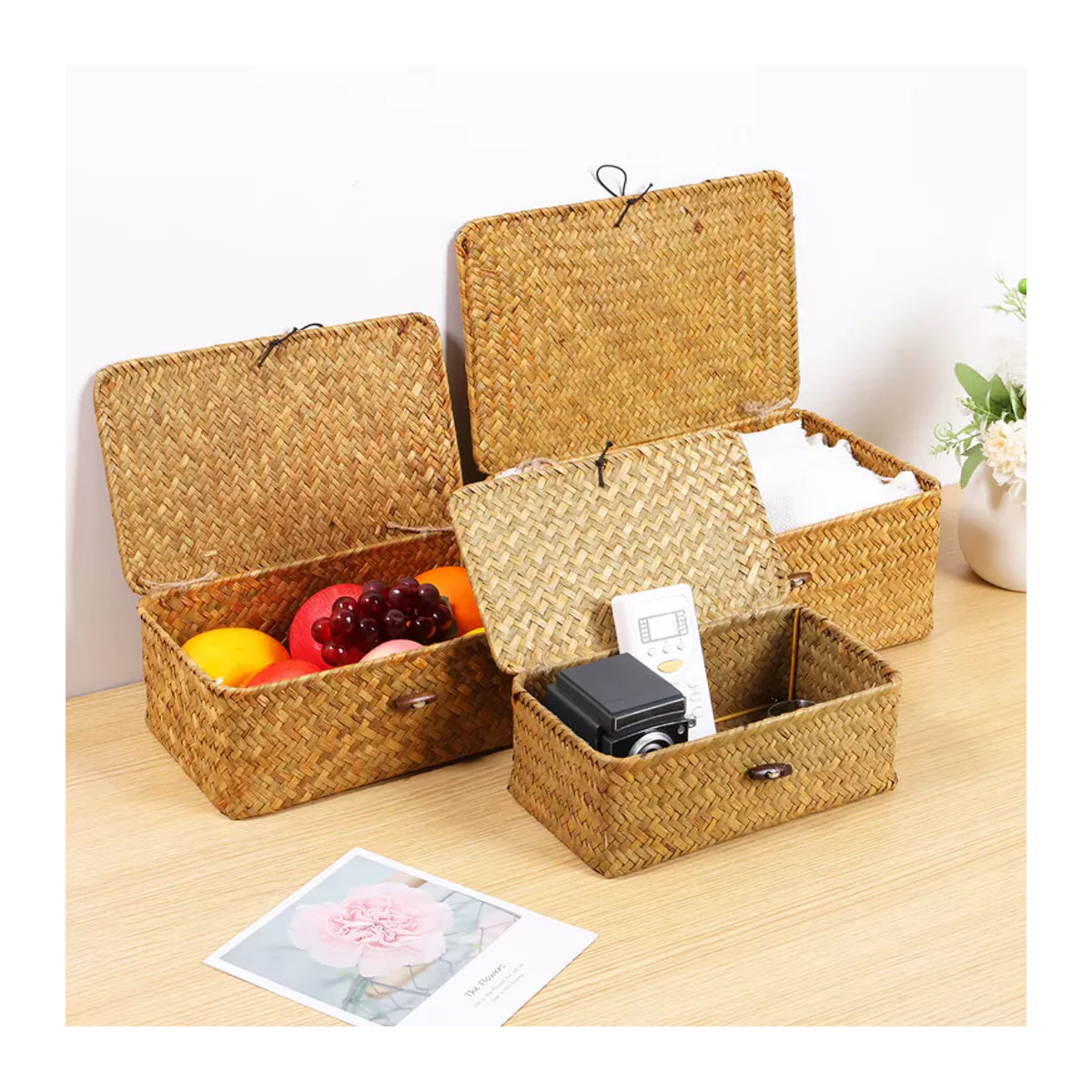 3-teiliges Set handgewebte Aufbewahrungskörbe aus Rattan in Beige im Vintage-Design mit Deckel und rechteckiger Form - Bild 2