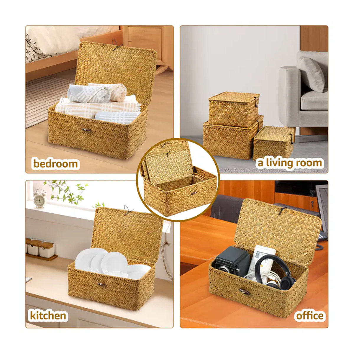 3-teiliges Set handgewebte Aufbewahrungskörbe aus Rattan in Beige im Vintage-Design mit Deckel und rechteckiger Form - Bild 3