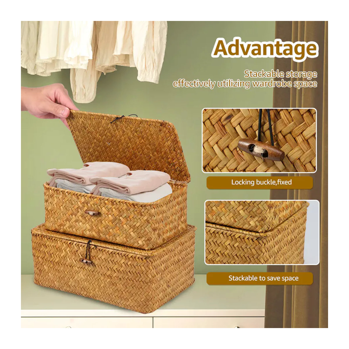 3-teiliges Set handgewebte Aufbewahrungskörbe aus Rattan in Beige im Vintage-Design mit Deckel und rechteckiger Form - Bild 4