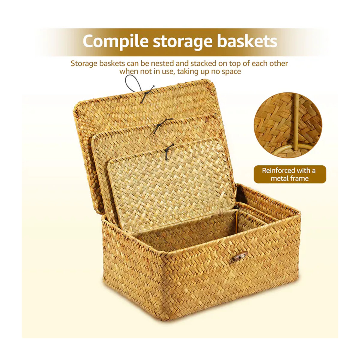 3-teiliges Set handgewebte Aufbewahrungskörbe aus Rattan in Beige im Vintage-Design mit Deckel und rechteckiger Form - Bild 5
