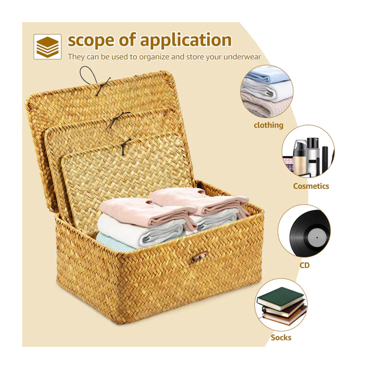 3-teiliges Set handgewebte Aufbewahrungskörbe aus Rattan in Beige im Vintage-Design mit Deckel und rechteckiger Form - Bild 6
