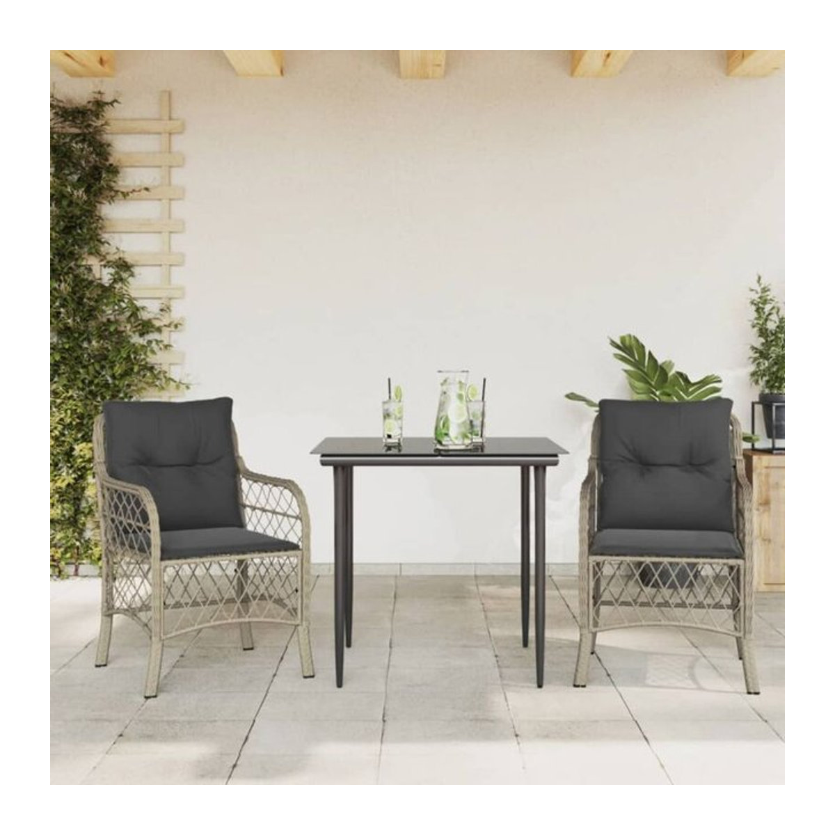 3-tlg. Bistro-Set aus Poly-Rattan mit Kissen und Glastisch in Hellgrau von vidaxl - Bild 1
