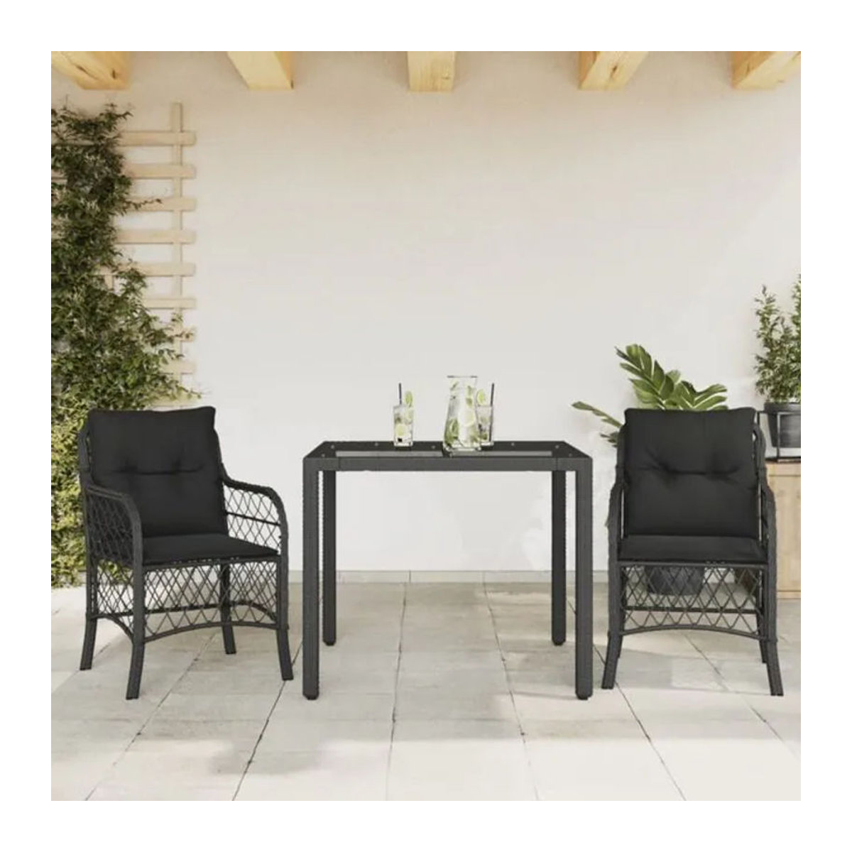 3-tlg. Bistro-Set aus Polyrattan mit Kissen und Glasplatte in Schwarz von Vidaxl - Bild 1