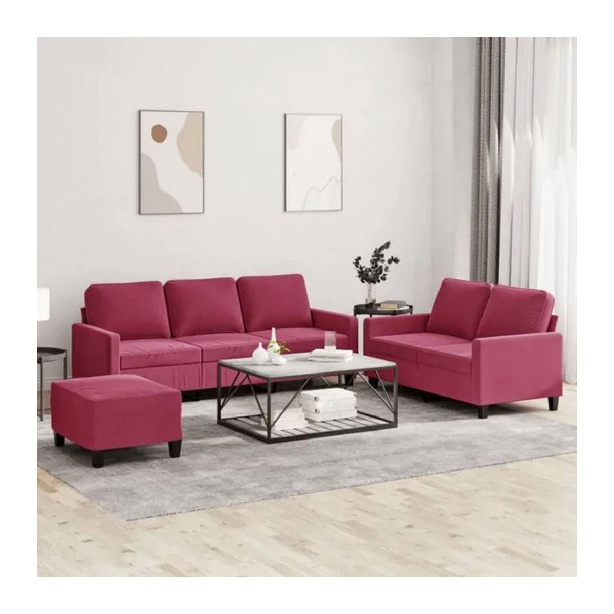 3-tlg. moderne Sofagarnitur mit Kissen aus Samt in Rot von Vidaxl - Bild 1