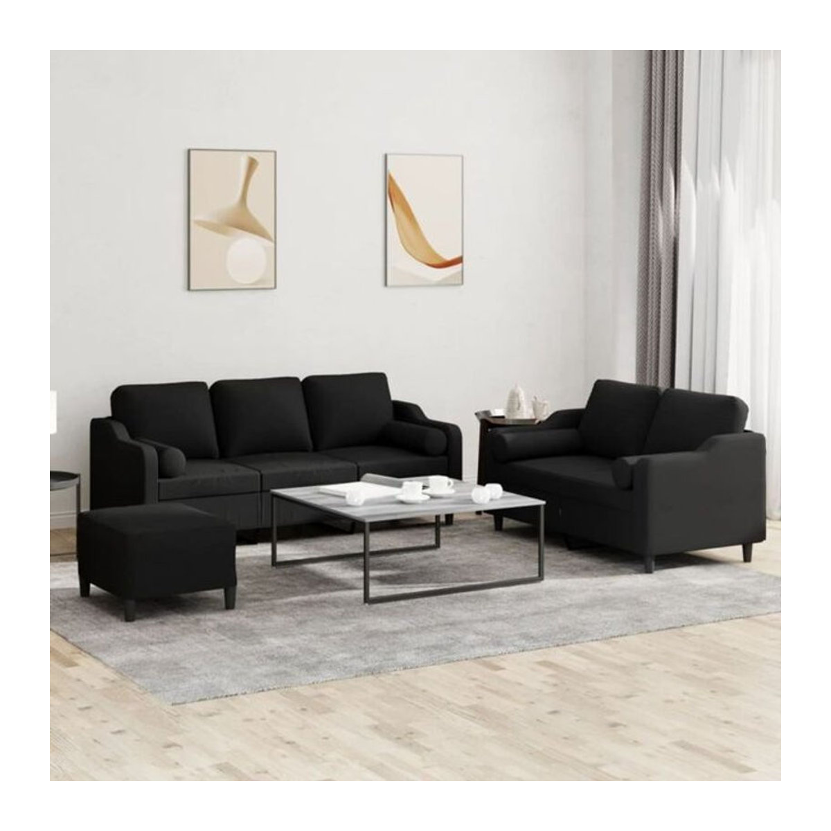 3-tlg. moderne Sofagarnitur mit Kissen von Vidaxl in Schwarz aus Stoff und Metall - Bild 1