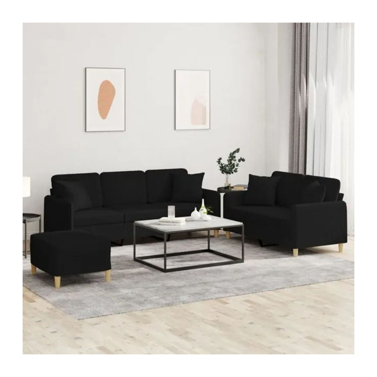 3-tlg. moderne Sofagarnitur mit Kissen von Vidaxl in Schwarz aus Stoff und Metall - Bild 1