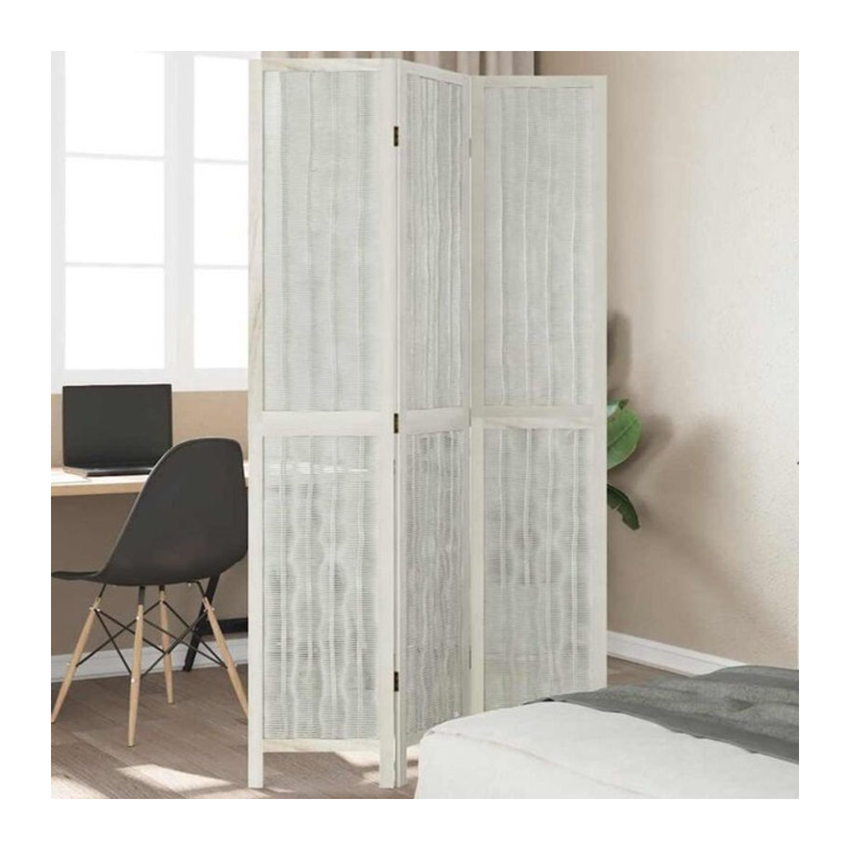 3-tlg. Raumteiler Vidaxl aus Massivholz mit Rattan in Weiß, freistehend und minimalistisch im skandinavischen Design - Bild 1