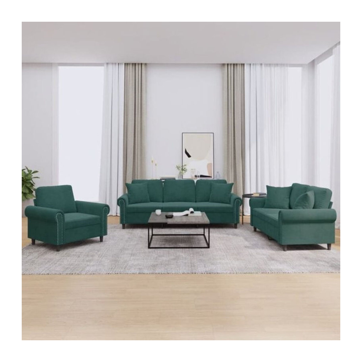 3-tlg. Sofagarnitur aus Samt und Metall in Grün von Vidaxl mit Kissen im modernen Design - Bild 1