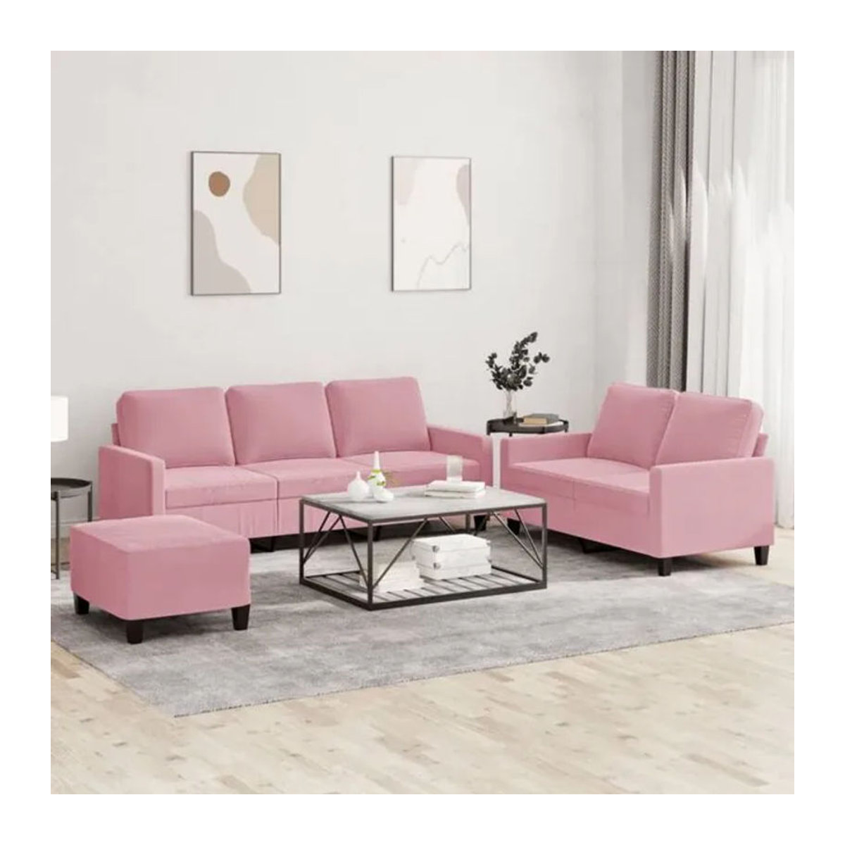 3-tlg. Sofagarnitur aus Samt und Metall in Rosa von Vidaxl mit Kissen im modernen Design - Bild 1