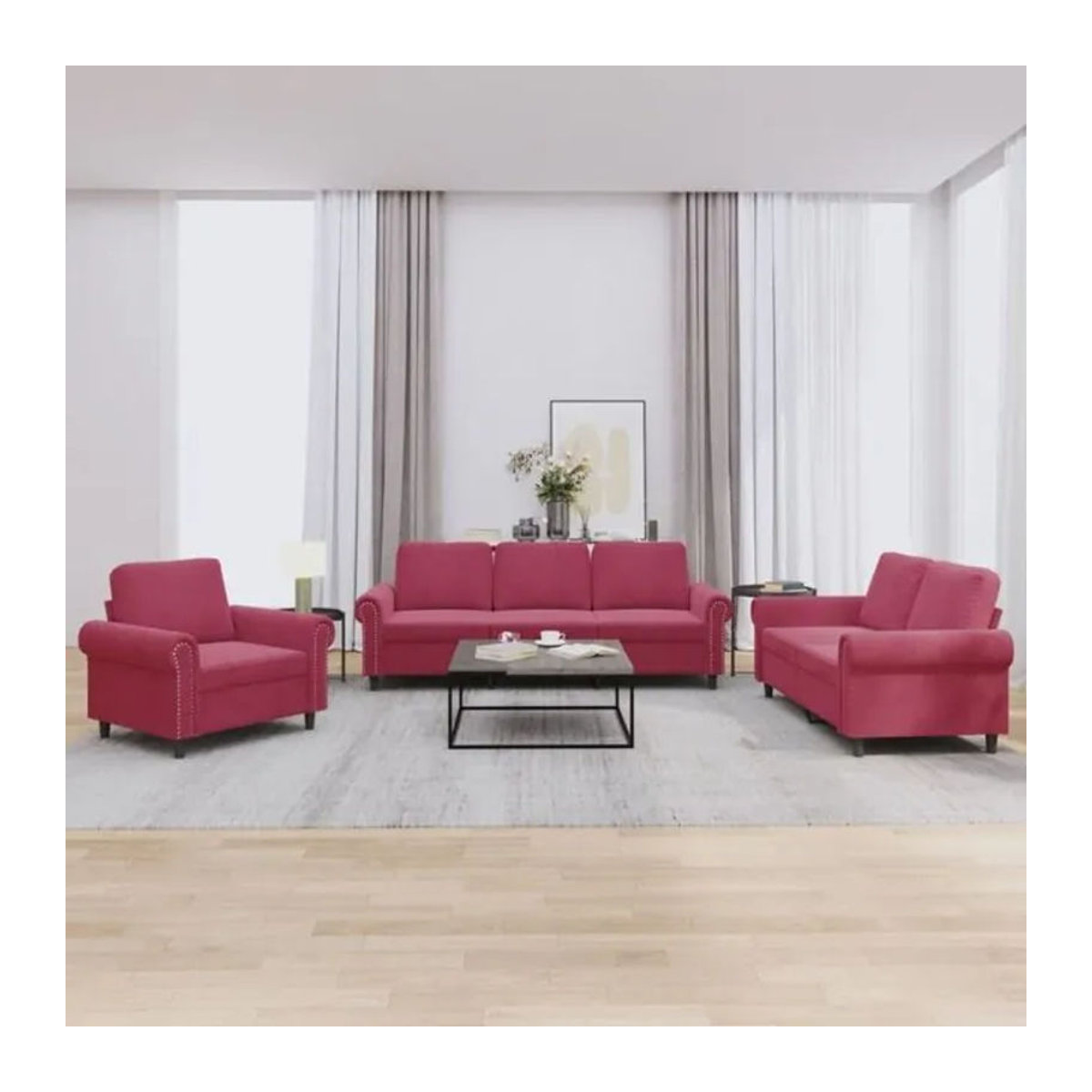 3-tlg. Sofagarnitur mit Kissen aus Samt in Weinrot von Vidaxl im klassischen Design - Bild 1