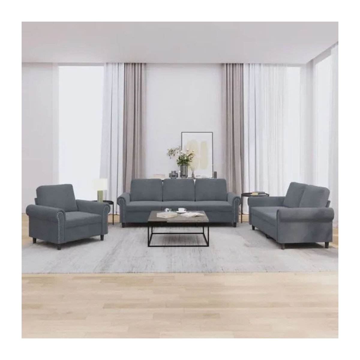 3-tlg. Sofagarnitur Vidaxl in Anthrazit aus Samt mit Kissen im modernen Design - Bild 1