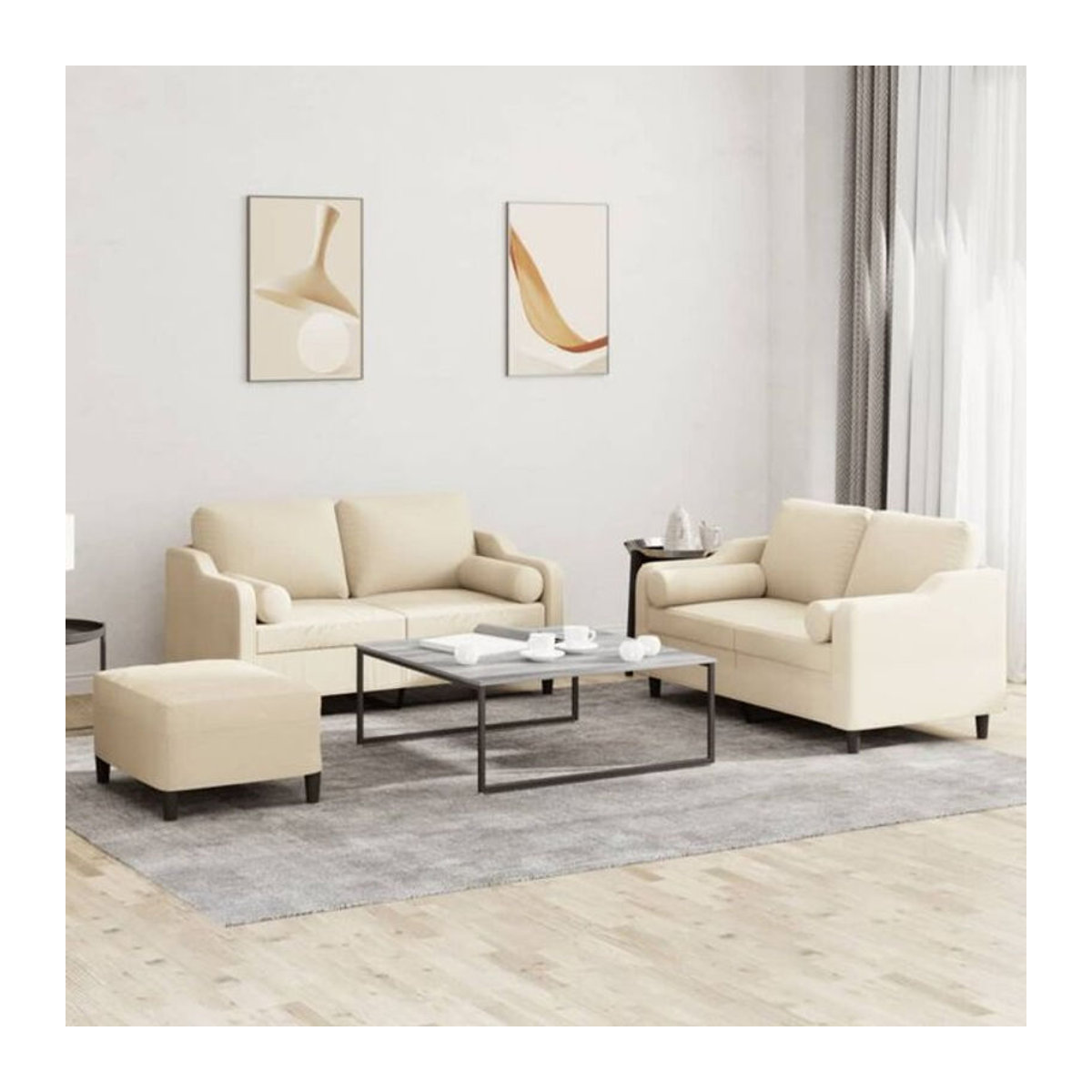 3-tlg. Sofagarnitur vidaxl in Beige aus Stoff mit Metallgestell und Kissen im modernen Design - Bild 1