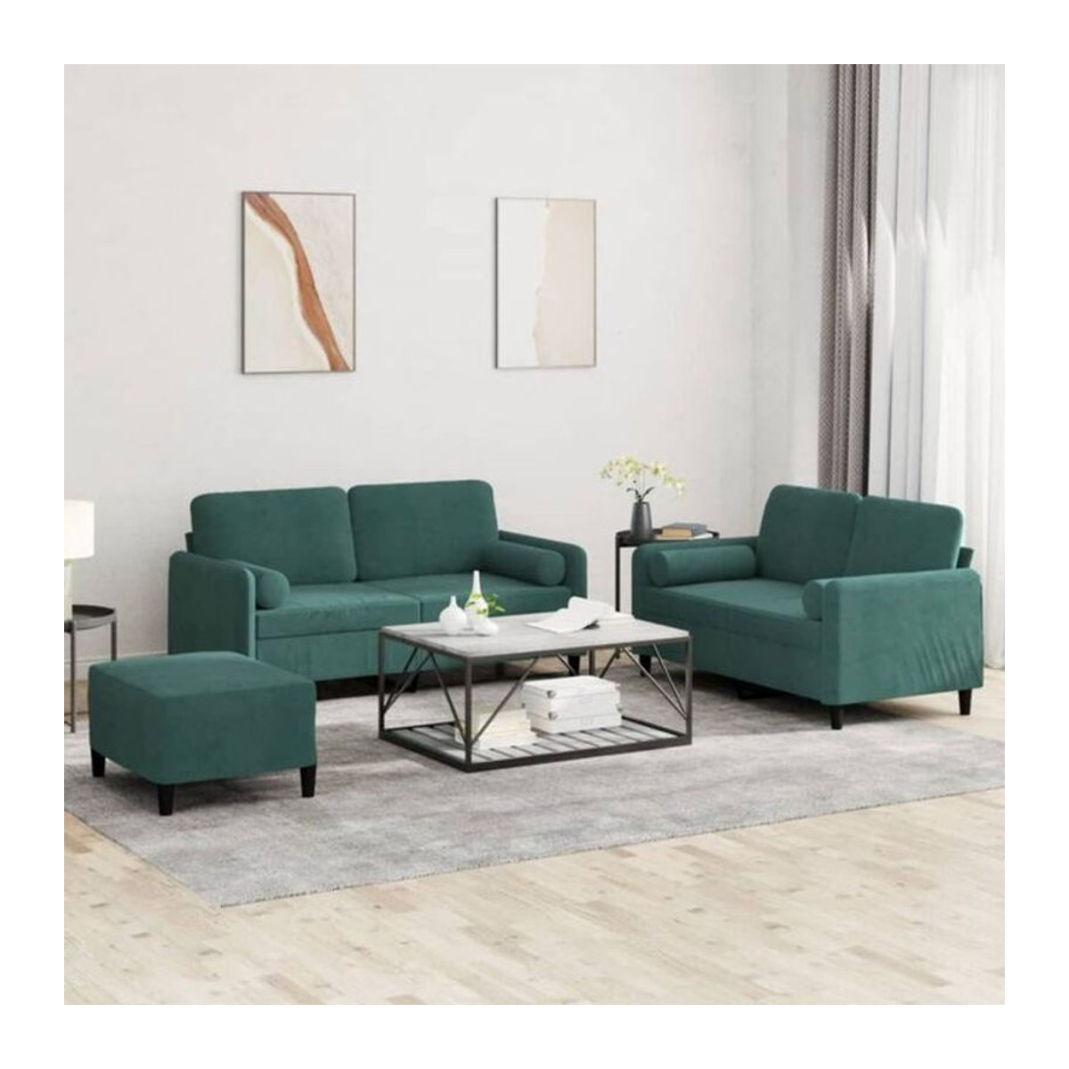 3-tlg. Sofagarnitur Vidaxl in Dunkelgrün aus Samt mit Kissen und Metallgestell im modernen Design - Bild 1