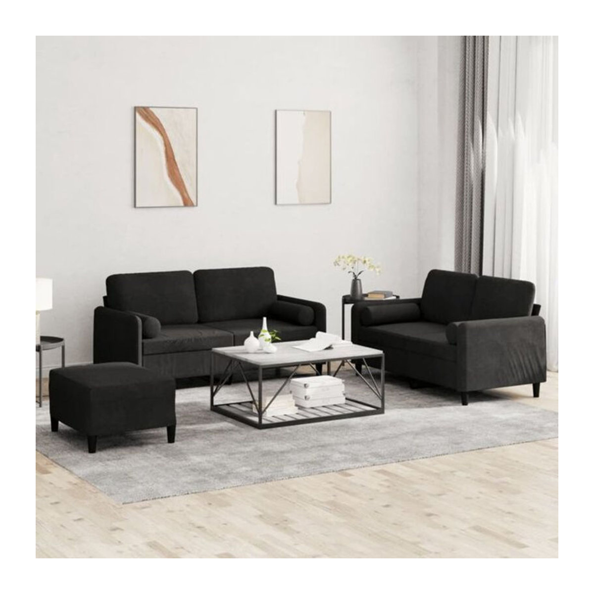 3-tlg. Sofagarnitur Vidaxl in Schwarz aus Samt mit Metallgestell und Kissen im modernen Design - Bild 1